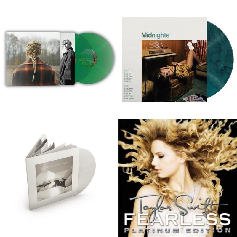 Taylor Swift – Taylor Swift – Evermore (Translucent Green Vinyl/2LP) & Midnights (X) (Jade Green LP Vinyl) & Tortured Poets Department (X) (Ghosted White Vinyl/2LP/Manuscript- Bonus Track) & Fearless Platinum Edition