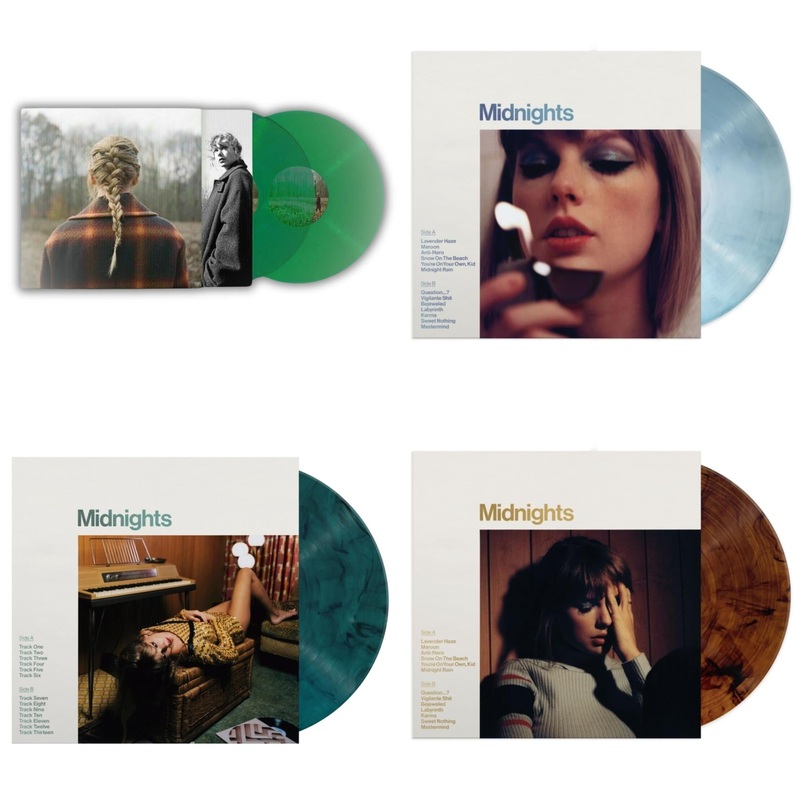Taylor Swift – Taylor Swift – Evermore (Translucent Green Vinyl/2LP) & Midnights (X) (Moonstone Blue LP Vinyl) & Midnights (X) (Jade Green LP Vinyl) & Midnights (X) (Mahogany Color LP Vinyl)