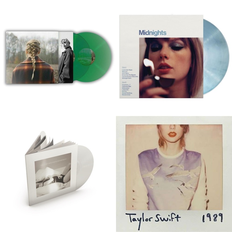 Taylor Swift – Taylor Swift – Evermore (Translucent Green Vinyl/2LP) & Midnights (X) (Moonstone Blue LP Vinyl) & Tortured Poets Department (X) (Ghosted White Vinyl/2LP/Manuscript- Bonus Track) & 1989