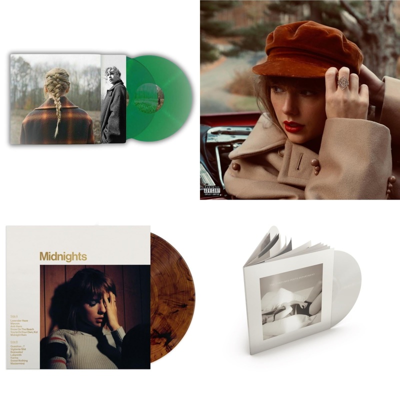 Taylor Swift – Taylor Swift – Evermore (Translucent Green Vinyl/2LP) & Red (Taylor’s Version) (4LP) & Midnights (X) (Mahogany Color LP Vinyl) & Tortured Poets Department (X) (Ghosted White Vinyl/2LP/Manuscript- Bonus Track)