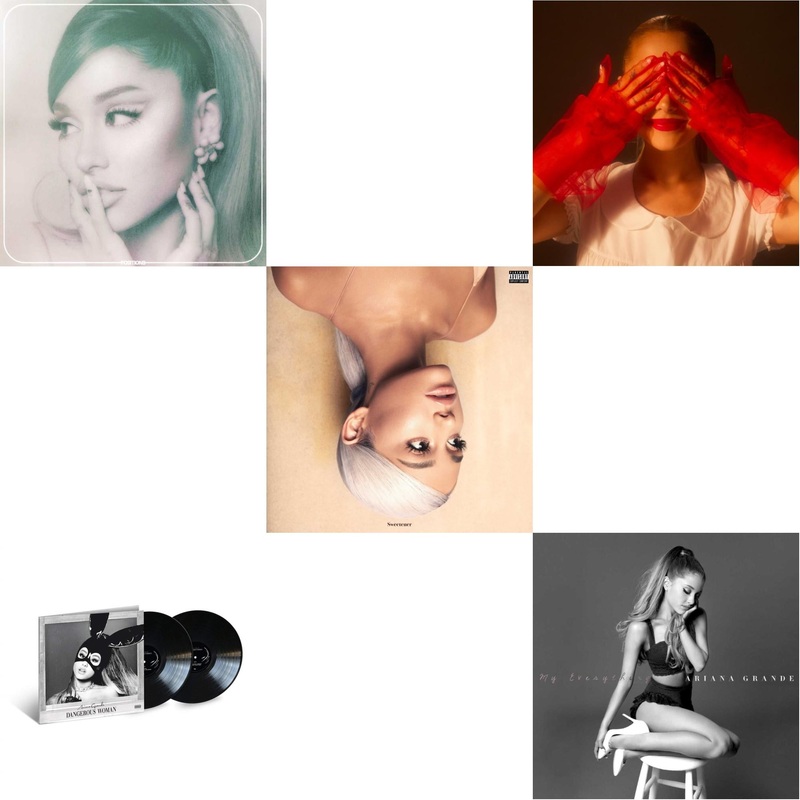 Ariana Grande – Positions (Coke Bottle Clear LP Vinyl) & Dangerous Woman (2LP) & Sweetener (X) (2LP) & Eternal Sunshine (X) (Ruby LP Vinyl) & My Everything
