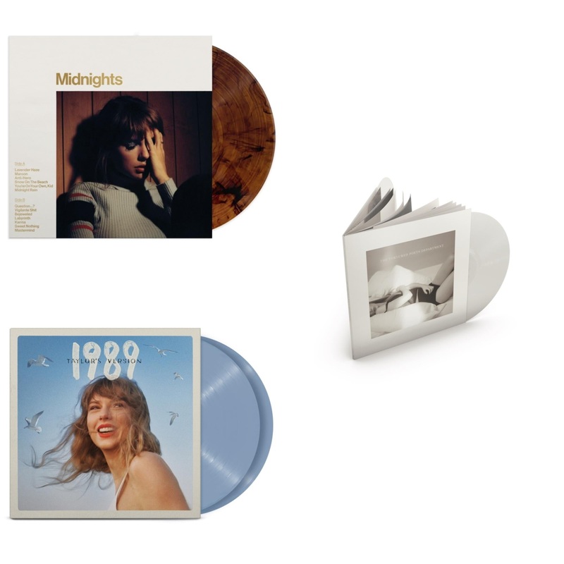 Taylor Swift – Midnights (X) (Mahogany Color LP Vinyl) & 1989 (Taylor’s Version) (2LP/Crystal Skies Blue Vinyl) & Tortured Poets Department (X) (Ghosted White Vinyl/2LP/Manuscript- Bonus Track)