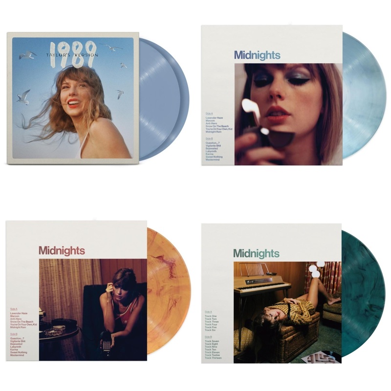 Taylor Swift – 1989 (Taylor’s Version) (2LP/Crystal Skies Blue Vinyl) & Midnights (X) (Moonstone Blue LP Vinyl) & Midnights (X) (Blood Moon LP Vinyl) & Midnights (X) (Jade Green LP Vinyl)