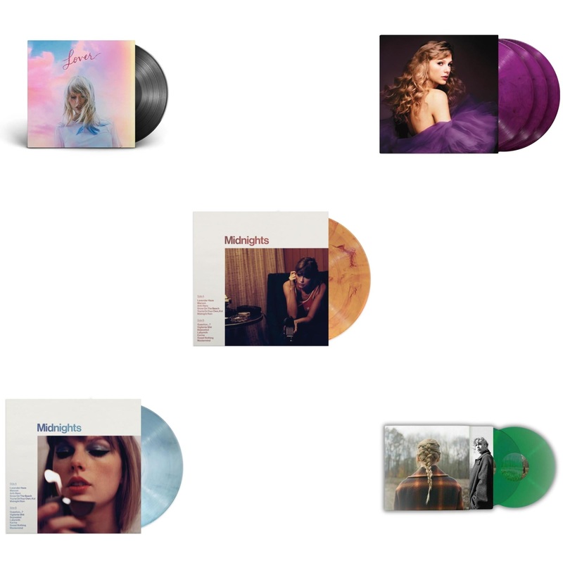 Taylor Swift – Lover (2LP) & Midnights (X) (Moonstone Blue LP Vinyl) & Midnights (X) (Blood Moon LP Vinyl) & Speak Now (Taylor’s Version) (Orchid Marbled Vinyl/3LP) & Taylor Swift – Evermore (Translucent Green Vinyl/2LP)
