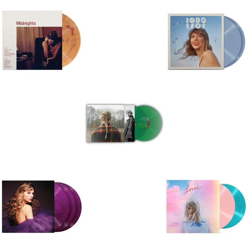 Taylor Swift – Midnights (X) (Blood Moon LP Vinyl) & Speak Now (Taylor’s Version) (Orchid Marbled Vinyl/3LP) & Taylor Swift – Evermore (Translucent Green Vinyl/2LP) & 1989 (Taylor’s Version) (2LP/Crystal Skies Blue Vinyl) & Lover