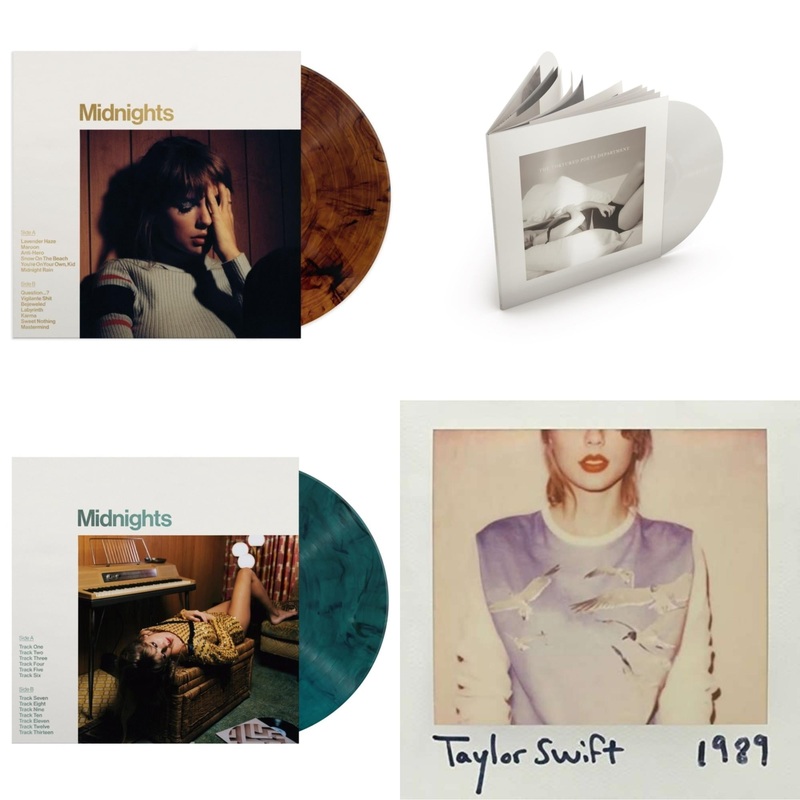 Taylor Swift – Midnights (X) (Mahogany Color LP Vinyl) & Tortured Poets Department (X) (Ghosted White Vinyl/2LP/Manuscript- Bonus Track) & Midnights (X) (Jade Green LP Vinyl) & 1989