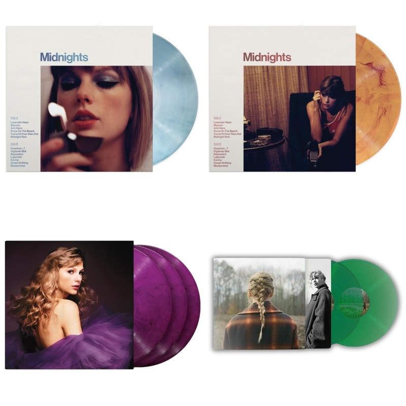 Taylor Swift – Midnights (X) (Moonstone Blue LP Vinyl) & Midnights (X) (Blood Moon LP Vinyl) & Speak Now (Taylor’s Version) (Orchid Marbled Vinyl/3LP) & Taylor Swift – Evermore (Translucent Green Vinyl/2LP)