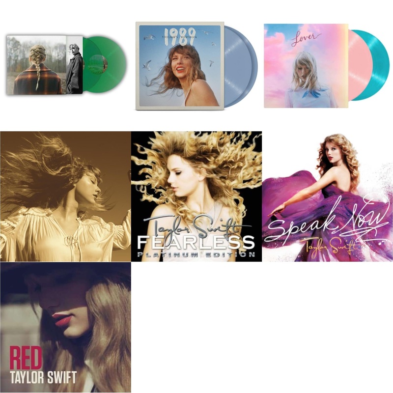 Taylor Swift – Taylor Swift – Evermore (Translucent Green Vinyl/2LP) & 1989 (Taylor’s Version) (2LP/Crystal Skies Blue Vinyl) & Lover & Fearless (Taylor’s Version) (Gold Vinyl/3LP) & Fearless Platinum Edition & Speak Now & Red