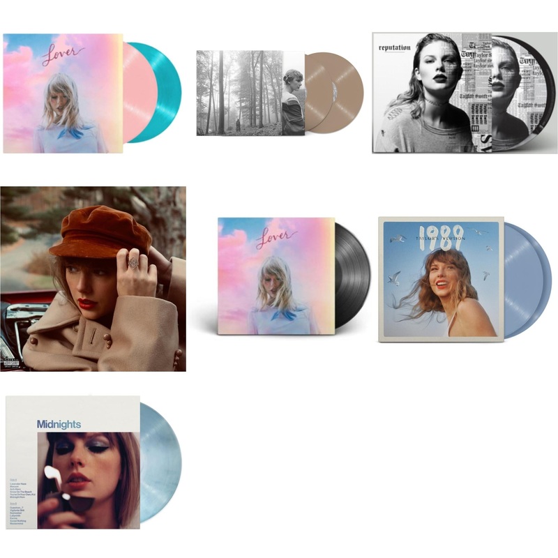 Taylor Swift – Lover & Folklore (X) (Beige Vinyl/2LP) & Reputation (Picture Disc) & Red (Taylor’s Version) (4LP) & Lover (2LP) & 1989 (Taylor’s Version) (2LP/Crystal Skies Blue Vinyl) & Midnights (X) (Moonstone Blue LP Vinyl)