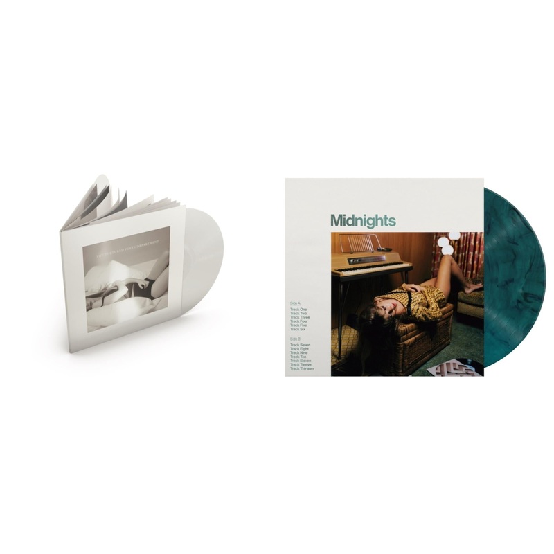 Taylor Swift – Tortured Poets Department (X) (Ghosted White Vinyl/2LP/Manuscript- Bonus Track) & Midnights (X) (Jade Green LP Vinyl)