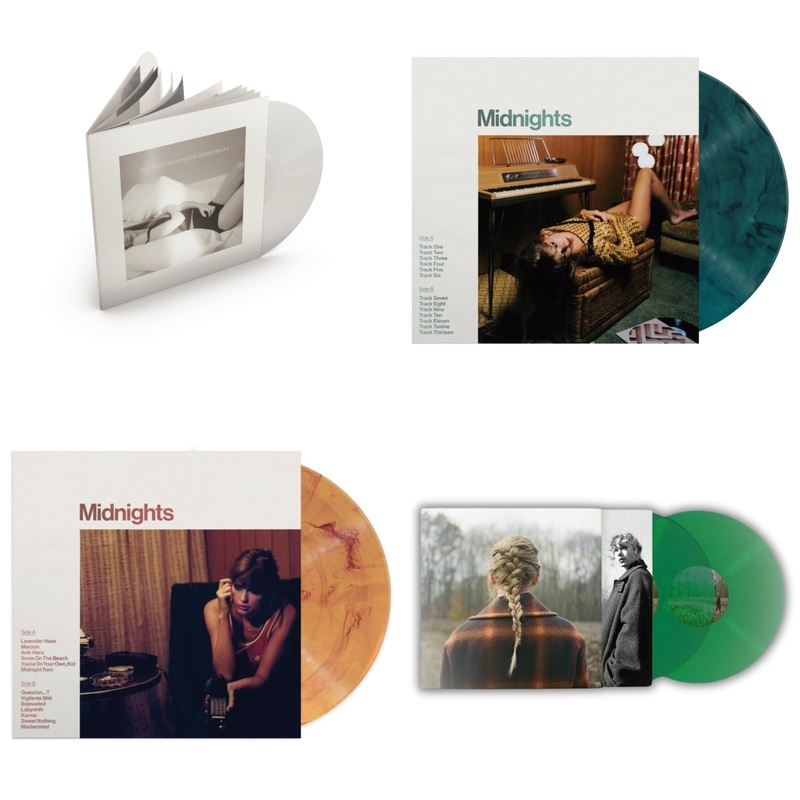Taylor Swift – Tortured Poets Department (X) (Ghosted White Vinyl/2LP/Manuscript- Bonus Track) & Midnights (X) (Jade Green LP Vinyl) & Midnights (X) (Blood Moon LP Vinyl) & Speak Now (Taylor’s Version) (Orchid Marbled Vinyl/3LP)