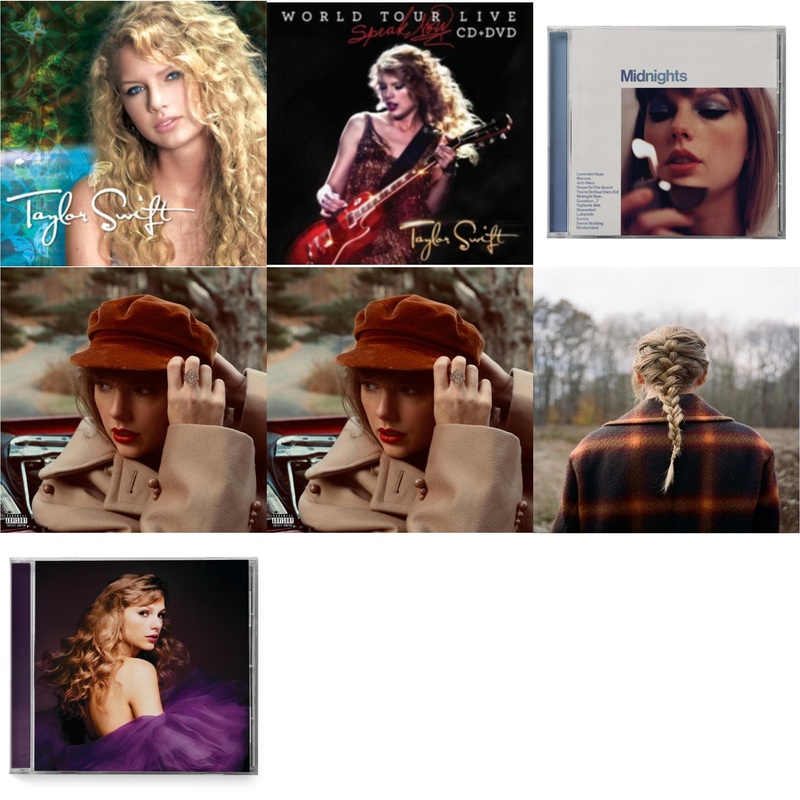 Taylor Swift – Taylor Swift & Speak Now World Tour Live (CD/DVD) & Midnights (X) (Moonstone Blue CD) & Red (Taylor’s Version) (Edited) (2CD) & Red (Taylor’s Version) (X) (2CD) & Evermore (X) & Speak Now (Taylor’s Version) (2CD)