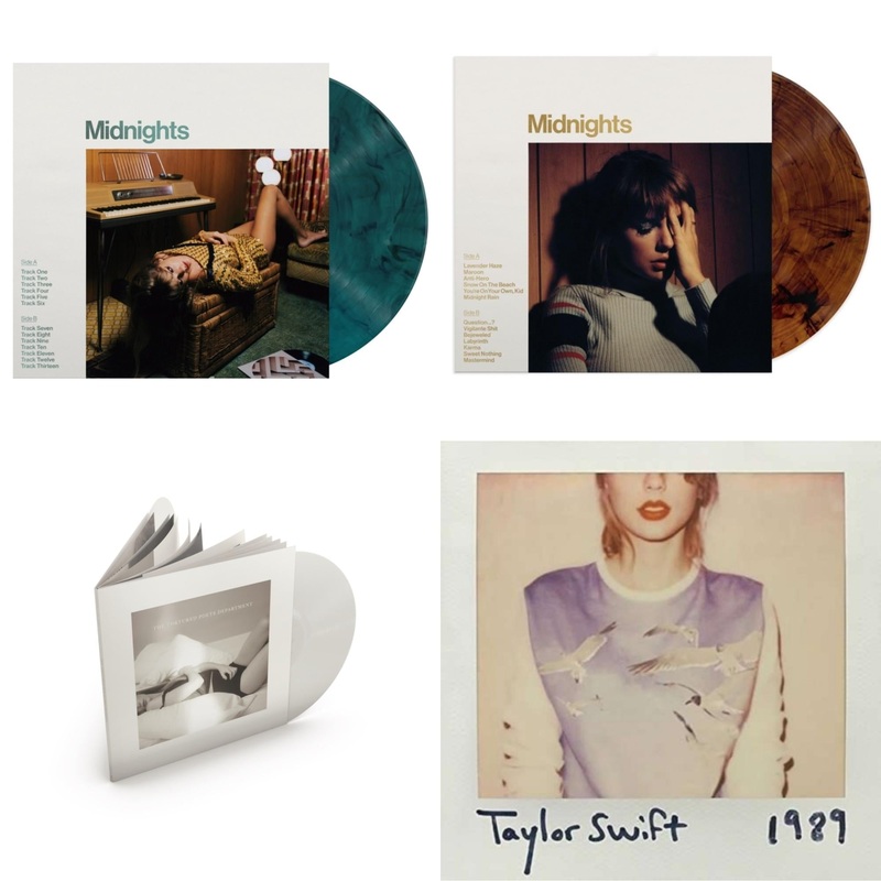 Taylor Swift – Midnights (X) (Jade Green LP Vinyl) & Midnights (X) (Mahogany Color LP Vinyl) & Tortured Poets Department (X) (Ghosted White Vinyl/2LP/Manuscript- Bonus Track) & 1989
