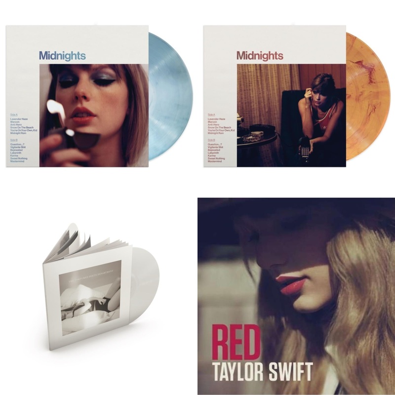 Taylor Swift – Midnights (X) (Moonstone Blue LP Vinyl) & Midnights (X) (Blood Moon LP Vinyl) & Tortured Poets Department (X) (Ghosted White Vinyl/2LP/Manuscript- Bonus Track) & Red