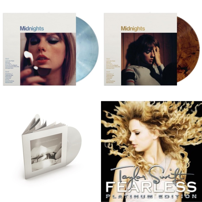 Taylor Swift – Midnights (X) (Moonstone Blue LP Vinyl) & Midnights (X) (Mahogany Color LP Vinyl) & Tortured Poets Department (X) (Ghosted White Vinyl/2LP/Manuscript- Bonus Track) & Fearless Platinum Edition