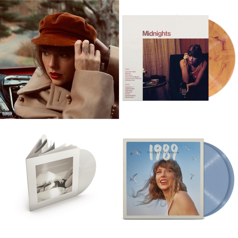 Taylor Swift – Red (Taylor’s Version) (4LP) & Midnights (X) (Blood Moon LP Vinyl) & Tortured Poets Department (X) (Ghosted White Vinyl/2LP/Manuscript- Bonus Track) & 1989 (Taylor’s Version) (2LP/Crystal Skies Blue Vinyl)