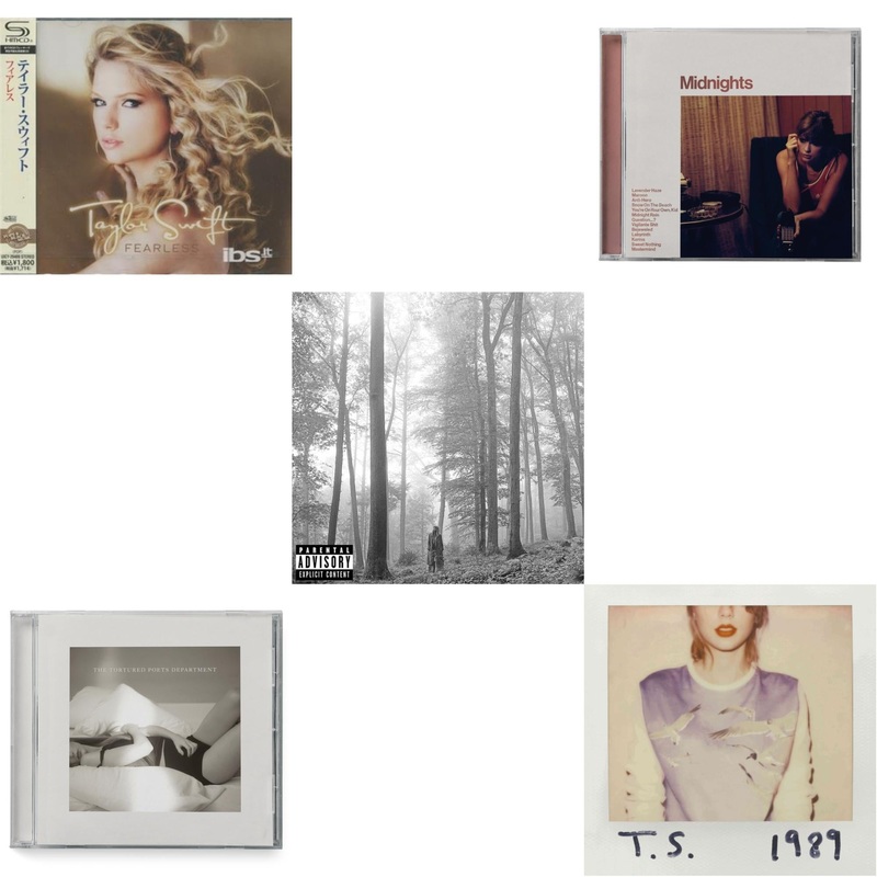 Taylor Swift – Fearless & Tortured Poets Department(X) (Manuscript- Bonus Track) & Folklore (X) & Midnights (X) (Blood Moon CD) & 1989