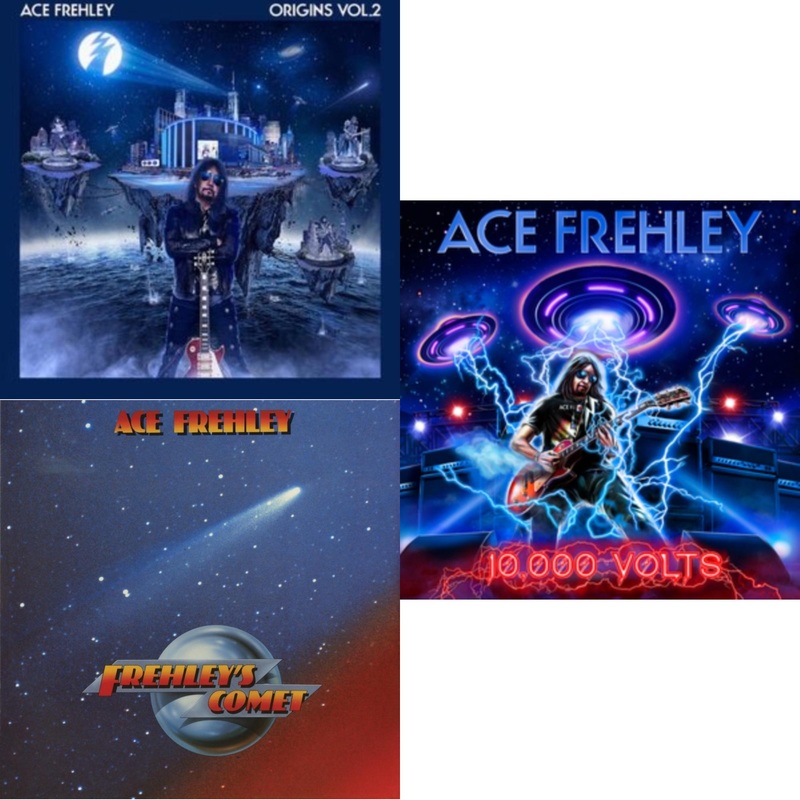 Ace Frehley – Origins Vol.2 (Blue & White LP Vinyl) & Frehley’s Comet (Red & Blue Hand Poured Effect LP Vinyl) & 10,000 Volts (Edge Only Splatter/Metal Gym Locker/Red Splatter LP Vinyl)